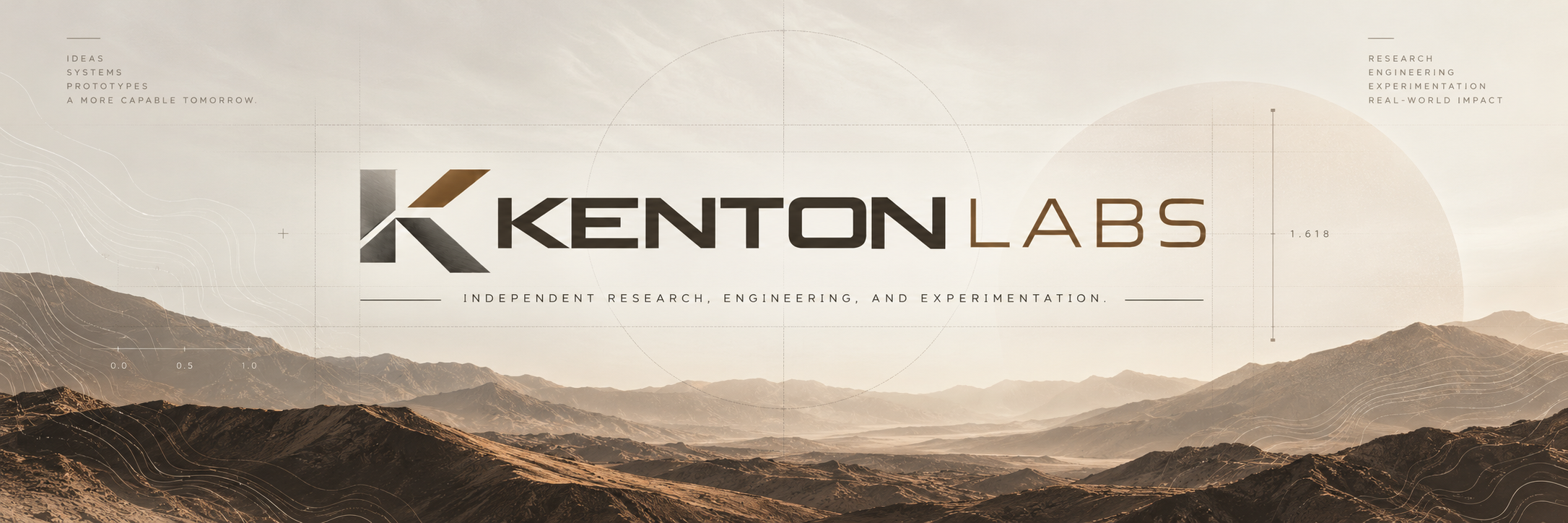 Wide Kenton Labs identity landscape with the wordmark and topographic terrain
