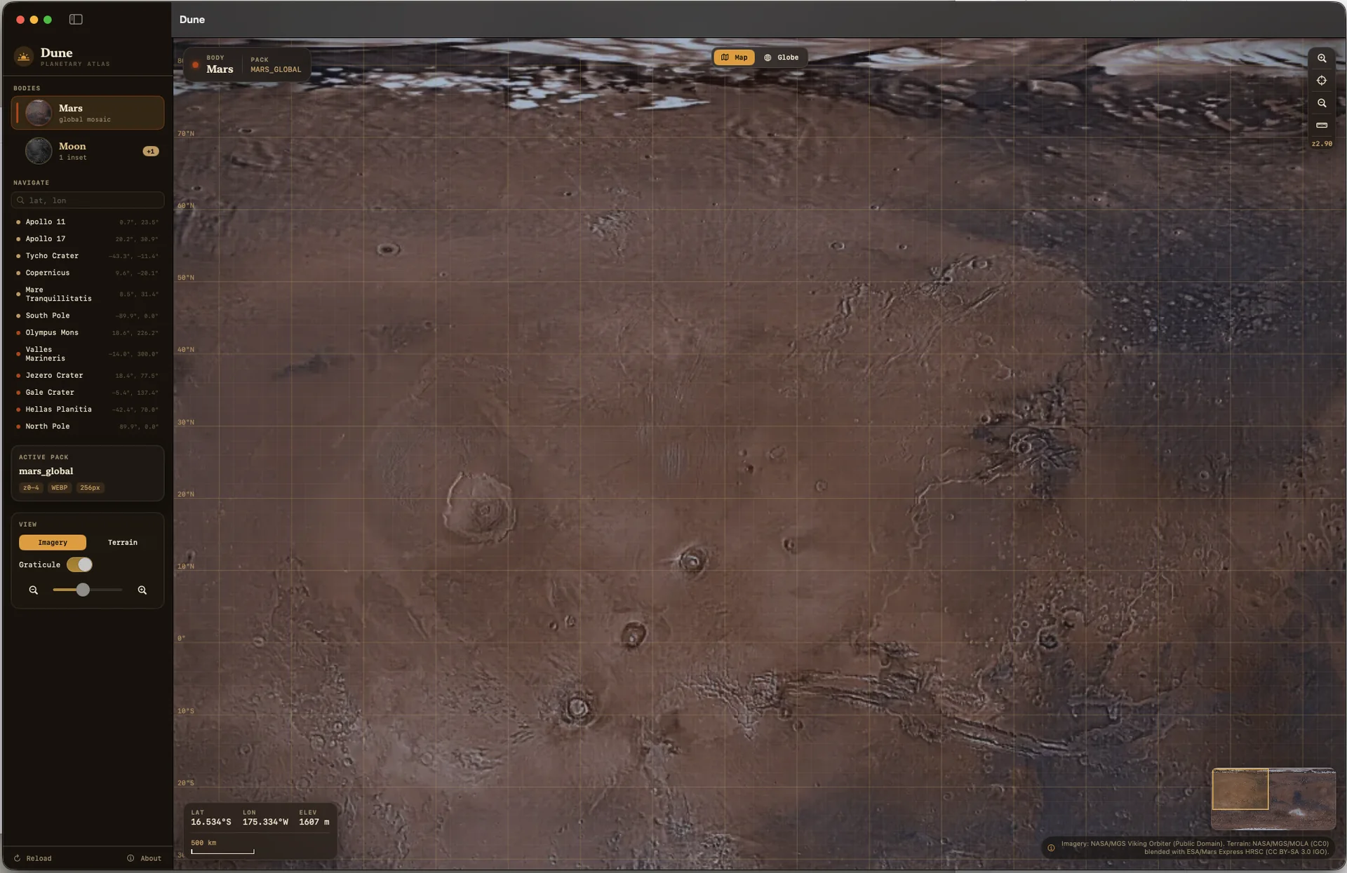 Dune planetary atlas showing a gridded global map of Mars