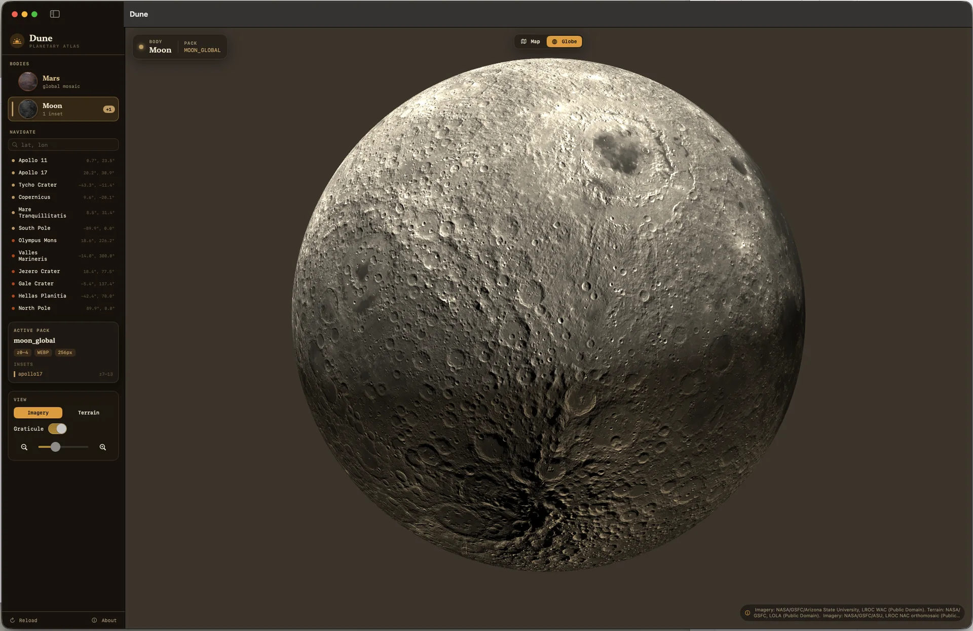 Dune displaying a shaded 3D globe of the Moon
