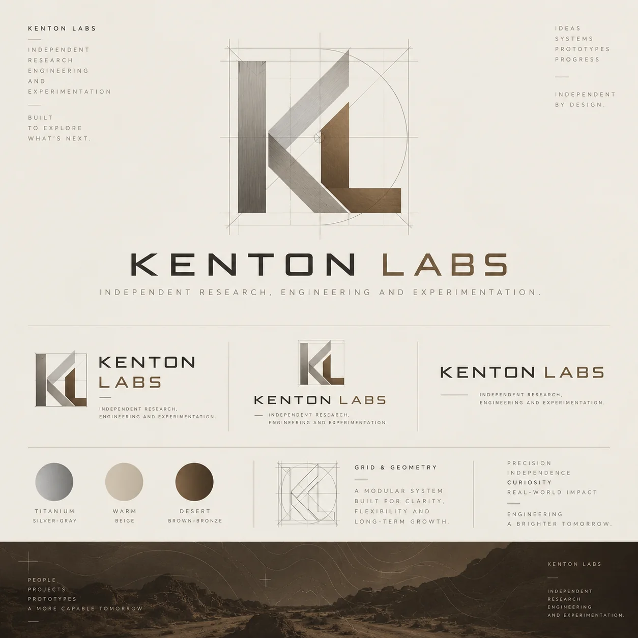 Exploratory Kenton Labs identity board showing geometric K mark construction, wordmark arrangements, and a warm neutral palette