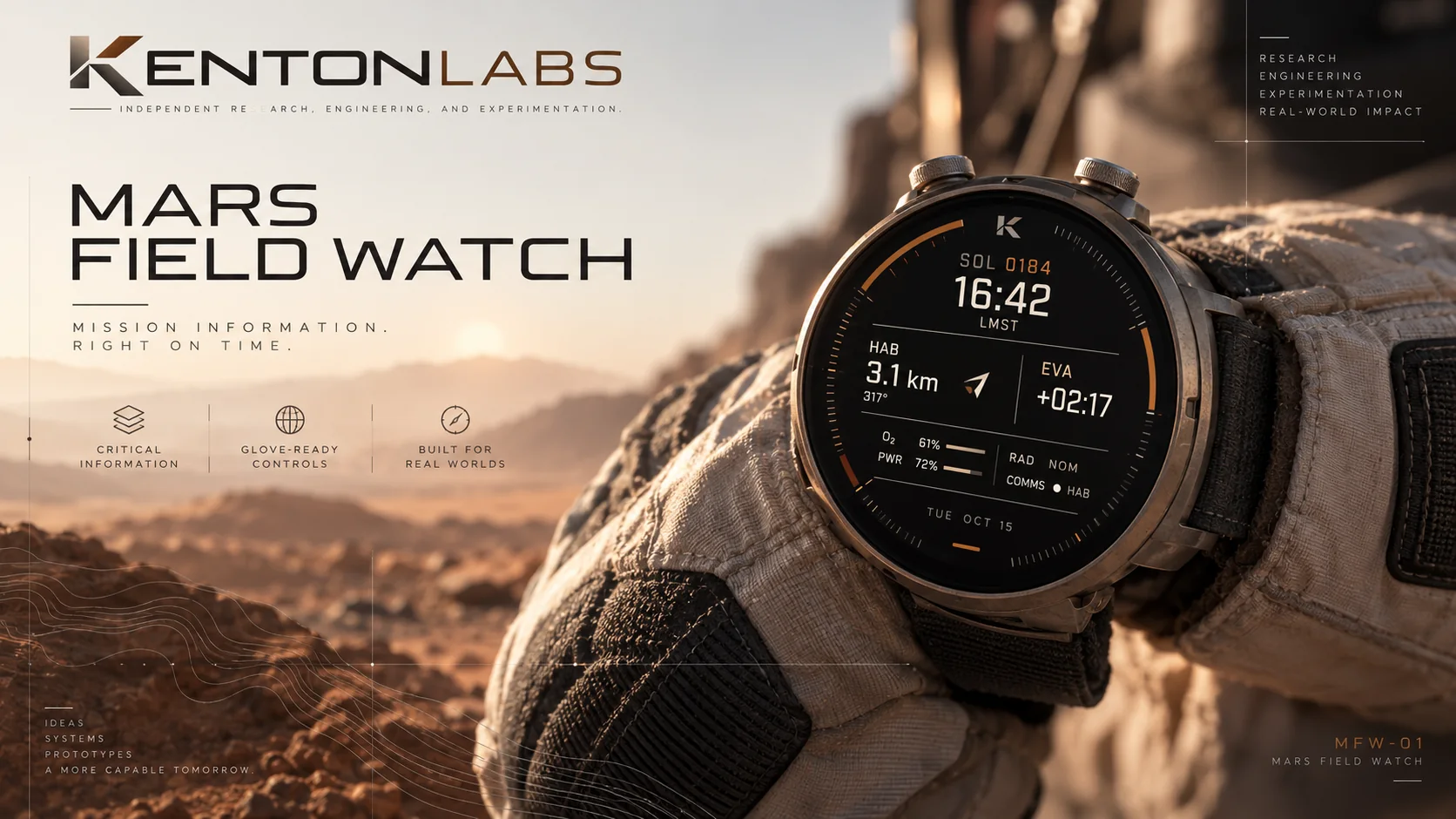 Concept visualization of a Mars field watch worn over an exploration suit